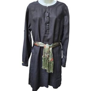 Garnet Hill Womens 100% Linen Henley Long Sleeve Shift Midi Dress Charcoal 12